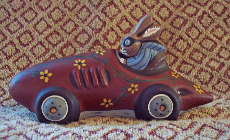Rabbit Racer Crafted in Chocolate Mold Handcrafted Chalkware Bunny Easter #554
