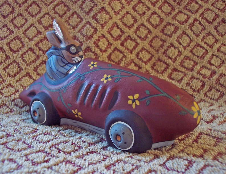 Rabbit Racer Crafted in Chocolate Mold Handcrafted Chalkware Bunny Easter #554