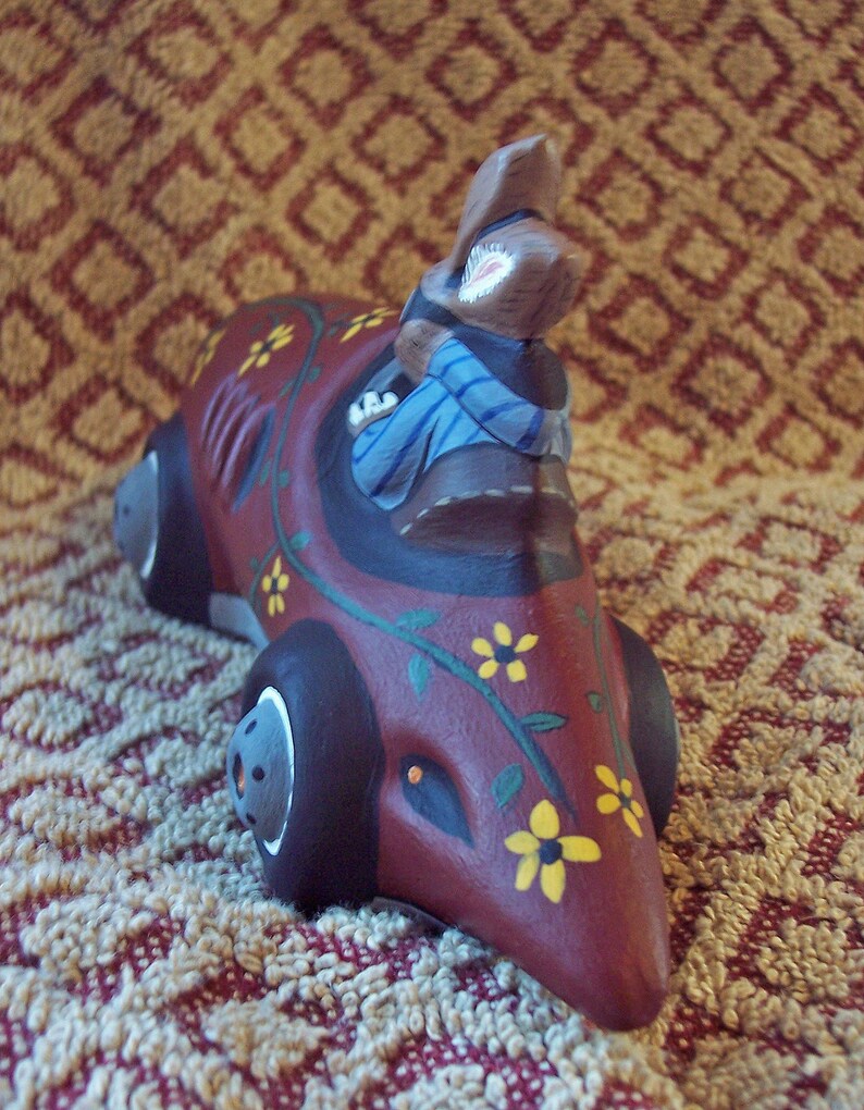 Rabbit Racer Crafted in Chocolate Mold Handcrafted Chalkware Bunny Easter #554