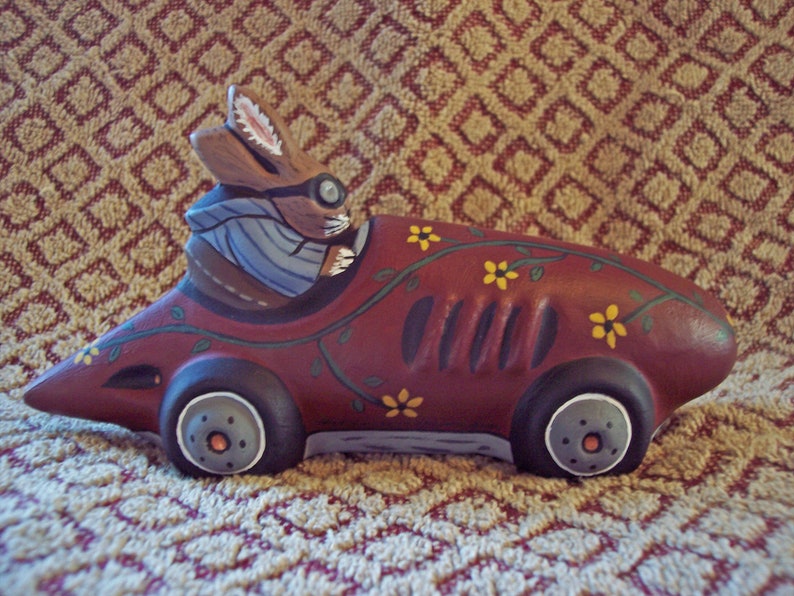 Rabbit Racer Crafted in Chocolate Mold Handcrafted Chalkware Bunny Easter #554