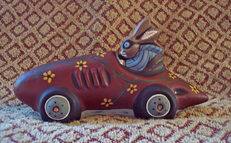 Rabbit Racer Crafted in Chocolate Mold Handcrafted Chalkware Bunny Easter #554