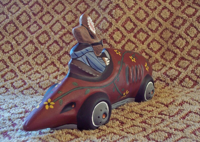 Rabbit Racer Crafted in Chocolate Mold Handcrafted Chalkware Bunny Easter #554