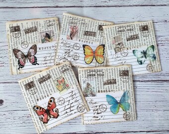 Paper book pockets, set 5 pcs, vintage pockets, ephemera butterflies, ephemera for junk journal, junk journal goodies