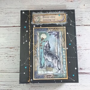 Celestial junk journal, handmade junk journal, moon and stars, vintage junk journal, wolf junk journal