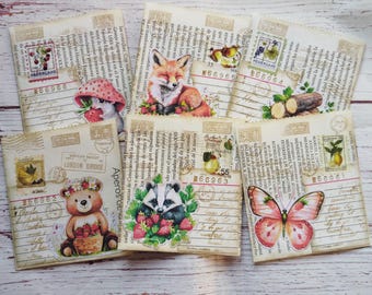 Paper book pockets, set 6 pcs, vintage pockets, strawberry woodland ephemera, strawberry ephemera, supplies for junk journal