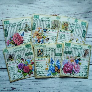 Paper book pockets, set 6 pcs, vintage pockets, botanic ephemera, floral ephemera, ephemera for junk journal