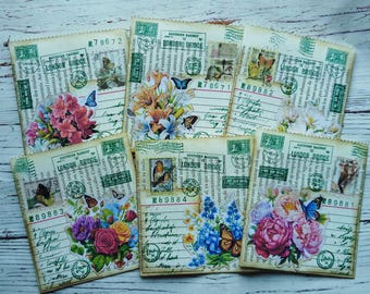 Paper book pockets, set 6 pcs, vintage pockets, botanic ephemera, floral ephemera, ephemera for junk journal