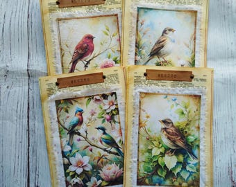 Birds and flowers book paper pockets, junk journal goodies, junk journal supplies, set 4 pcs, handmade ephemera