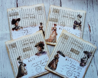 Book paper pockets, handmade ephemera, paper supplies, set 4 pcs, vintage ephemera, victorian ephemera