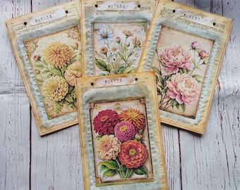 Botanical book paper sewn pockets, set of 4 pcs., vintage envelopes, junk journal supplies, handmade ephemera