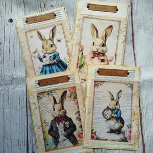 Vintage Hasenbuchpapier genähte Taschen, 4er Set, Vintage Briefumschläge, Junk Journal Zubehör, handgemachte Ephemera