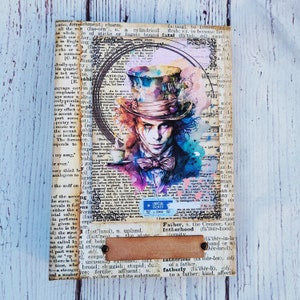 Alice in wonderland journal, stitched handmade journal, mad hatter personal size journal