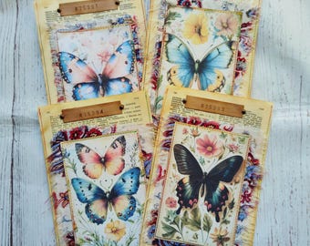 Stitched paper book pockets, butterfly pockets, pockets for junk journal, handmade vintage ephemera, set 4 pcs