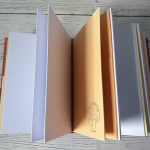以下が含まれることがあります： 白、オレンジ、黄色のページがある開いたジャーナル。ジャーナルの表紙は赤で、模様があります。オレンジ色のページにはキノコのイラストが見えます。ジャーナルは明るい木製の表面にあります。