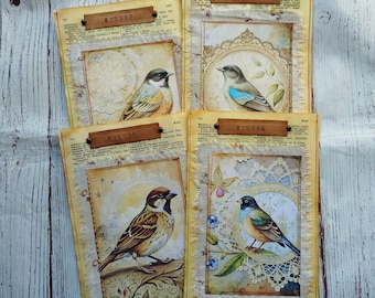 Vintage birds book paper pockets, junk journal goodies, junk journal supplies, set 4 pcs, handmade ephemera