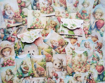 Strawberry ephemera pack, 54 pcs, junk journal paper supplies, junk journal goodies, scrapbooking paper