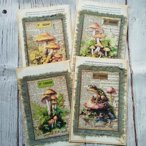 Vintage Paddenstoelenboekpapier genaaide hoezen, set van 4, Paddenstoelenenveloppen, Junk Journal-benodigdheden, handgemaakte ephemera