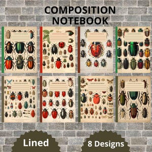 Puede incluir: Ocho diseños diferentes de cuadernos de composición con ilustraciones vintage de escarabajos coloridos. Cada cuaderno tiene un interior rayado y el texto "Composition Notebook" impreso en la portada.