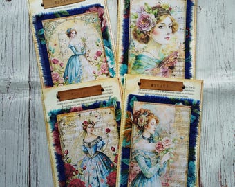 French lady book paper sewn pockets, Set of 4 pcs., Vintage women envelopes, Junk journal supplies, Handmade ephemera