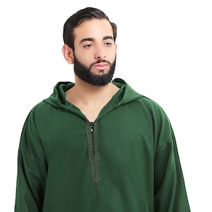 Moroccan Men Djellaba Handmade winter Hooded Caftan Green Matching Embroidery Tread Loose Fit Ethnic For Cold Days Design Thobe  African