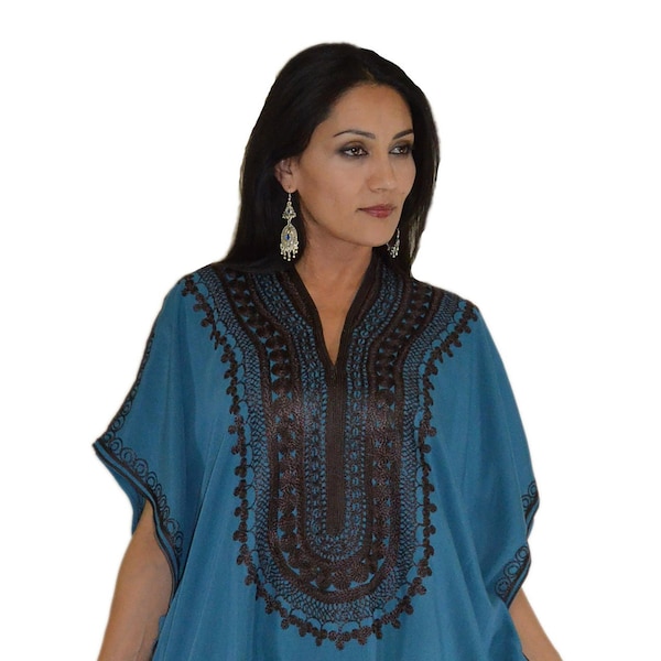 Moroccan Caftans Women Handmade Blue Butterfly Style With Brown Embroidery Ethnic Design wear, beach kaftan, loungewear, House caftan