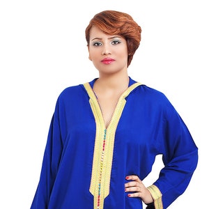 Moroccan Caftans Women Hand Made Breathable Hooded Caftan Fits Small To Medium Embroidered Blue