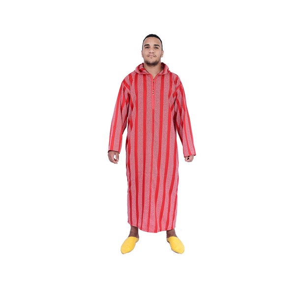 Marocain Hommes Djellaba Fait Main Caftan À Capuche Rouge Avec Broderie Assortie Coupe Ample Design Ethnique Thobe Loungewear Africain Thobe