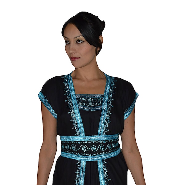 Moroccan Jumpsuit Caftans Boho Women Handmade Black With Light Blue Embroidery Fits Small to Large Harem Wide Leg