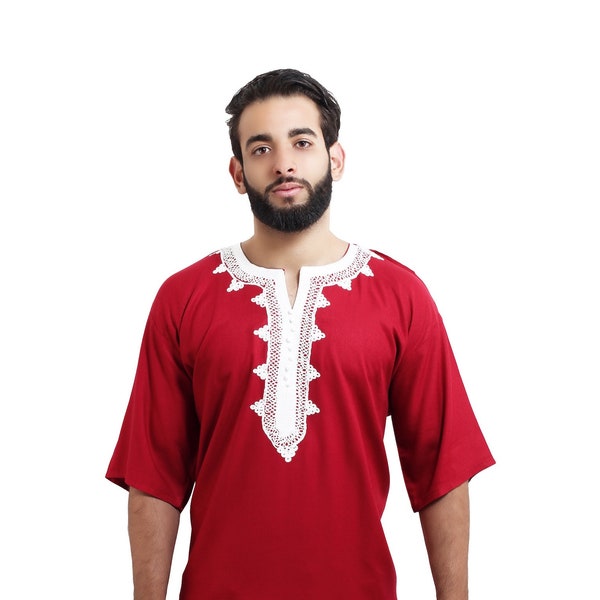 Tunique marocaine homme caftan rouge respirant Dashiki main africaine blanche bande de roulement broderie ethnique léger couvre-vêtements de plage décontracté unisexe