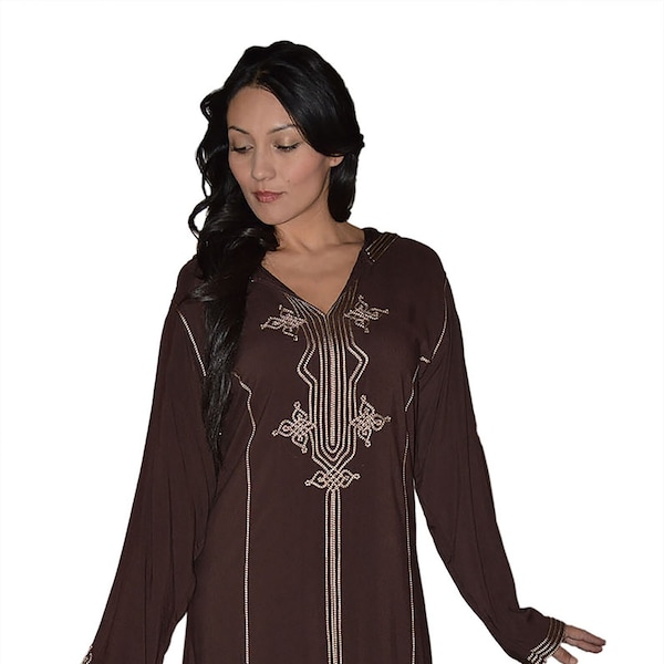 Moroccan Women Djellaba Kaftan Hand Made Breathable Hooded Caftan Fits Medium to Large Embroidered Dark Brown Long, Jalaba, Jelaba