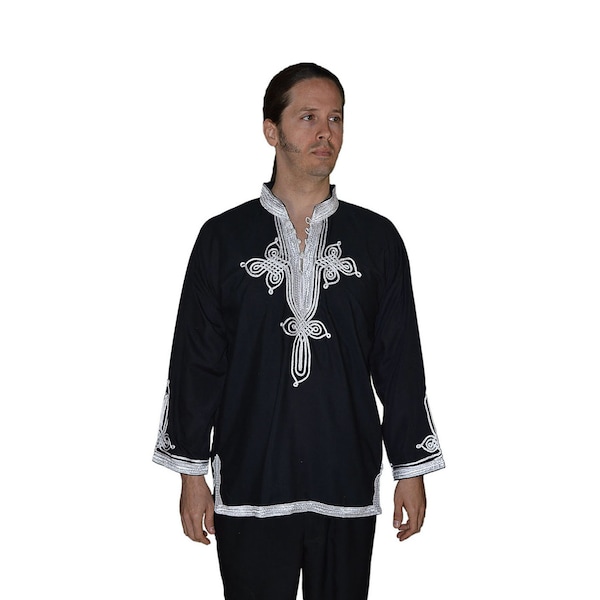 Moroccan Men Tunic Caftan Handmade Black With White Tread Embroidery Breathable  Lightweight Beach Cover Up, Relaxed Garment unisex