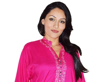 Moroccan Tunic Caftan Handmade Magenta Breathable with Colorful Buttons & Hand Embroidery around edges resort wear, beach blouse, loungewear