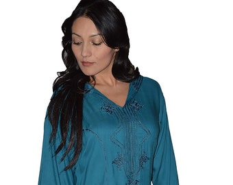 Moroccan Women Djellaba Kaftan Hand Made Breathable Hooded Caftan Fits  Large to X-Large  Embroidered Blue
