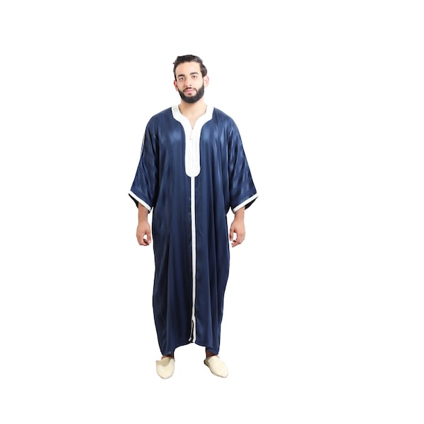 Moroccan Men Caftan Handmade Gandoura Navy With Matching Embroidery Tread Loose Fit With Long Sleeve Grey Ethnic Design Thobe  Loungewear