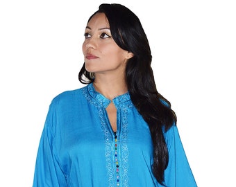 Moroccan Tunic Caftan Handmade Turquoise Breathable Colorful Buttons & Hand Embroidery around edges resort wear, beach blouse, loungewear