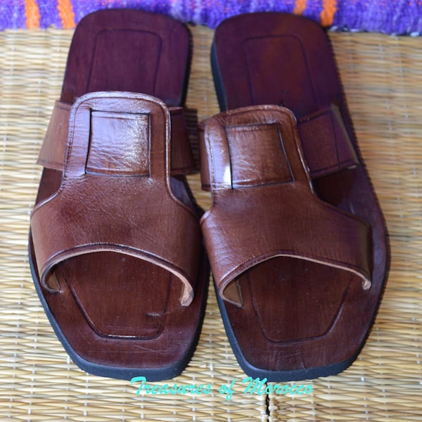 Natural leather No Dye Handmade Sandals Traditional Unisex Slide Flat Flipflop  Straps Dark Brown, Vintage Berber Sandals, Free Shipping