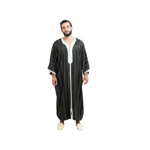 Moroccan Men Caftan Handmade Gandoura Gray With Matching Embroidery Tread Loose Fit With Long Sleeve Grey Ethnic Design Thobe Loungewear