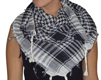 Sciarpa Keffiyeh Palestinese Scialle Kufiya per uomo e donna - Shemagh tradizionale in cotone con nappe, foulard in stile arabo bianco e nero