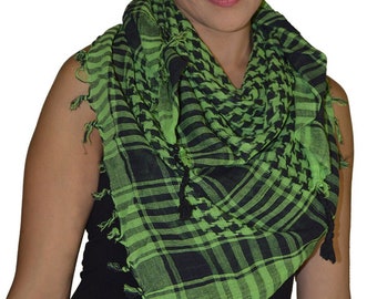 Keffiyeh Palestine Scarf Kufiya Shawl for Men and Women - Traditional Cotton Shemagh with Tassels, Arab Style Headscarf Green and Black