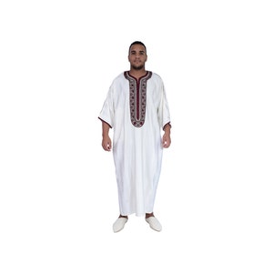 Moroccan Men Caftan Handmade Gandoura Off White With Burgundy Embroidery Tread Loose Fit, Long Sleeve Grey Ethnic Design Thobe  Loungewear