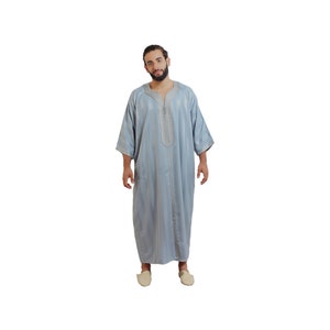 Moroccan Men Gandoura Caftan Handmade Gray With Matching Embroidery Tread Loose Fit With Long Sleeve Grey Ethnic Design Thobe Loungewear