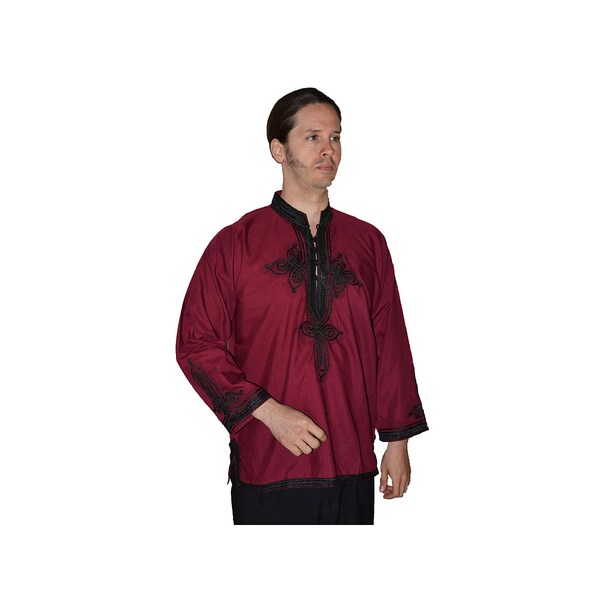 Moroccan Men Tunic Caftan Handmade Burgundy With Black Tread Embroidery Breathable Lightweight Beach Cover Up, Relaxed Garment unisex