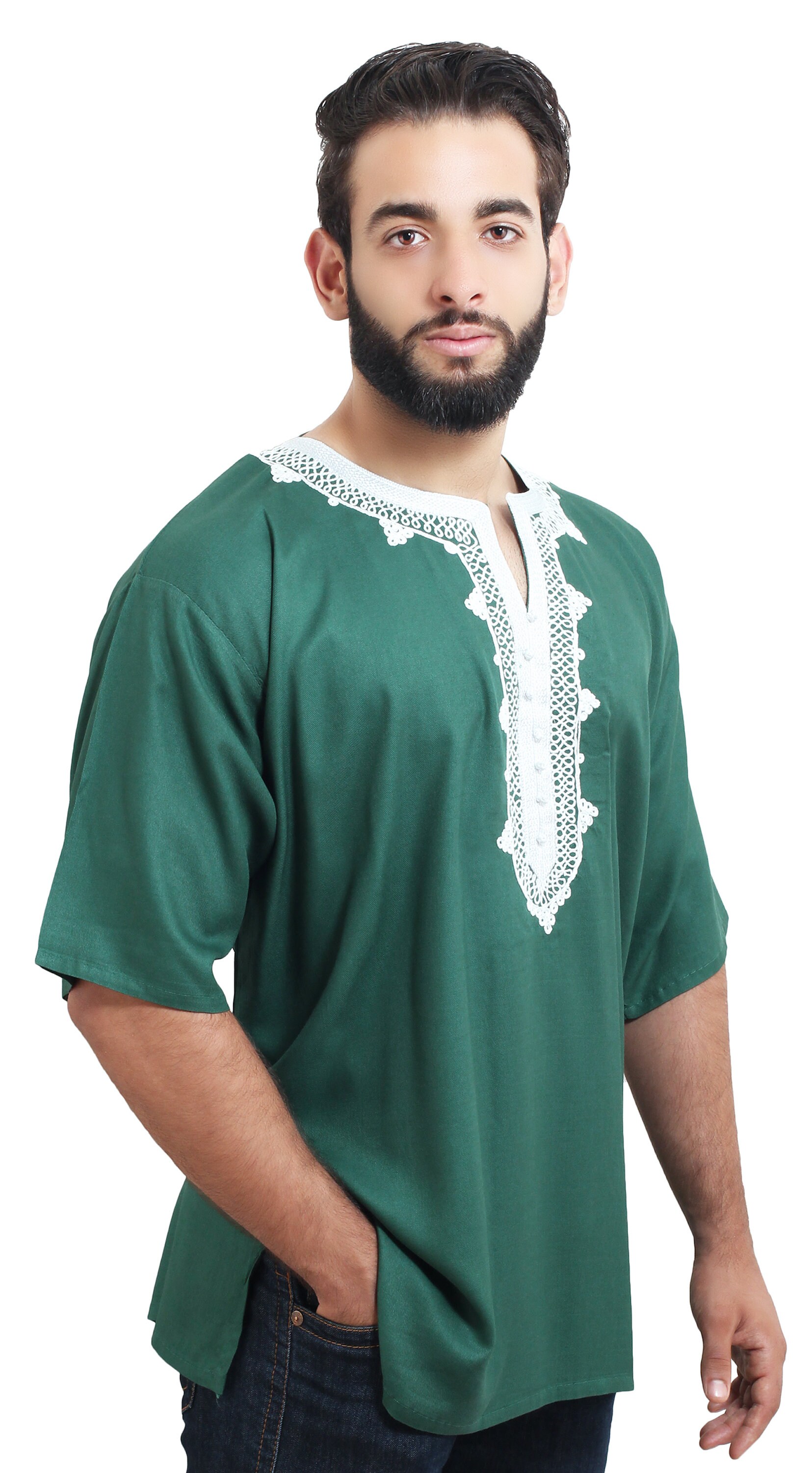 Moroccan Men Tunic Caftan Green Breathable Dashiki African Hand White ...