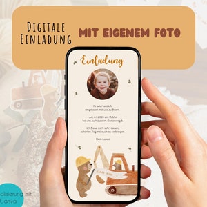 Einladung Baustelle Handy Foto digital Bagger Party Baustelle Kindergeburtstag