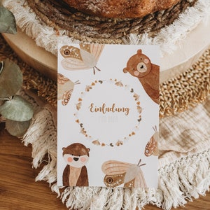 Einladungskarte 1. Geburtstag Bär Waldtiere Blumen Baby Babyparty Einladung Kindergeburtstag erster Geburtstag boho