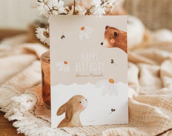 Geburtstag Glückwunschkarte Tischdekoration Bär beige Waldtiere Kindergeburtstag erster Geburtstag boho