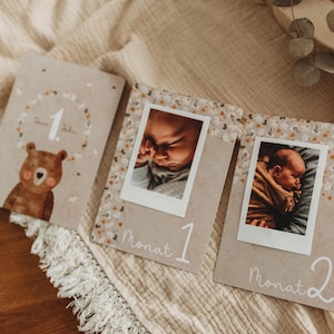 Jahreskarten Jahresmeilensteinkarten ersten Geburtstag Wimpelgirlande Meilensteinkarte ersten Jahresrückblick boho beige Bär Wald