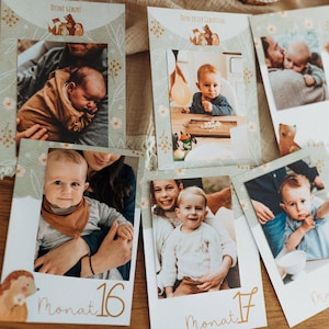 Jahreskarten Jahresmeilensteinkarten zweiten Geburtstag Wimpelgirlande Meilensteinkarte zweites Lebensjahr boho beige Bär Wald