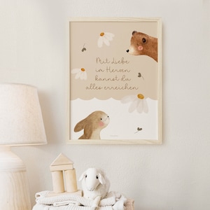 Poster Bär Affirmation Aquarell A4 boho Waldtiere Hase Mädchen Junge