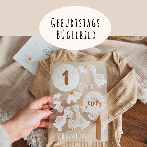 Bügelbild 1. Geburtstagsshirt Gänse Gänseblume boho beige